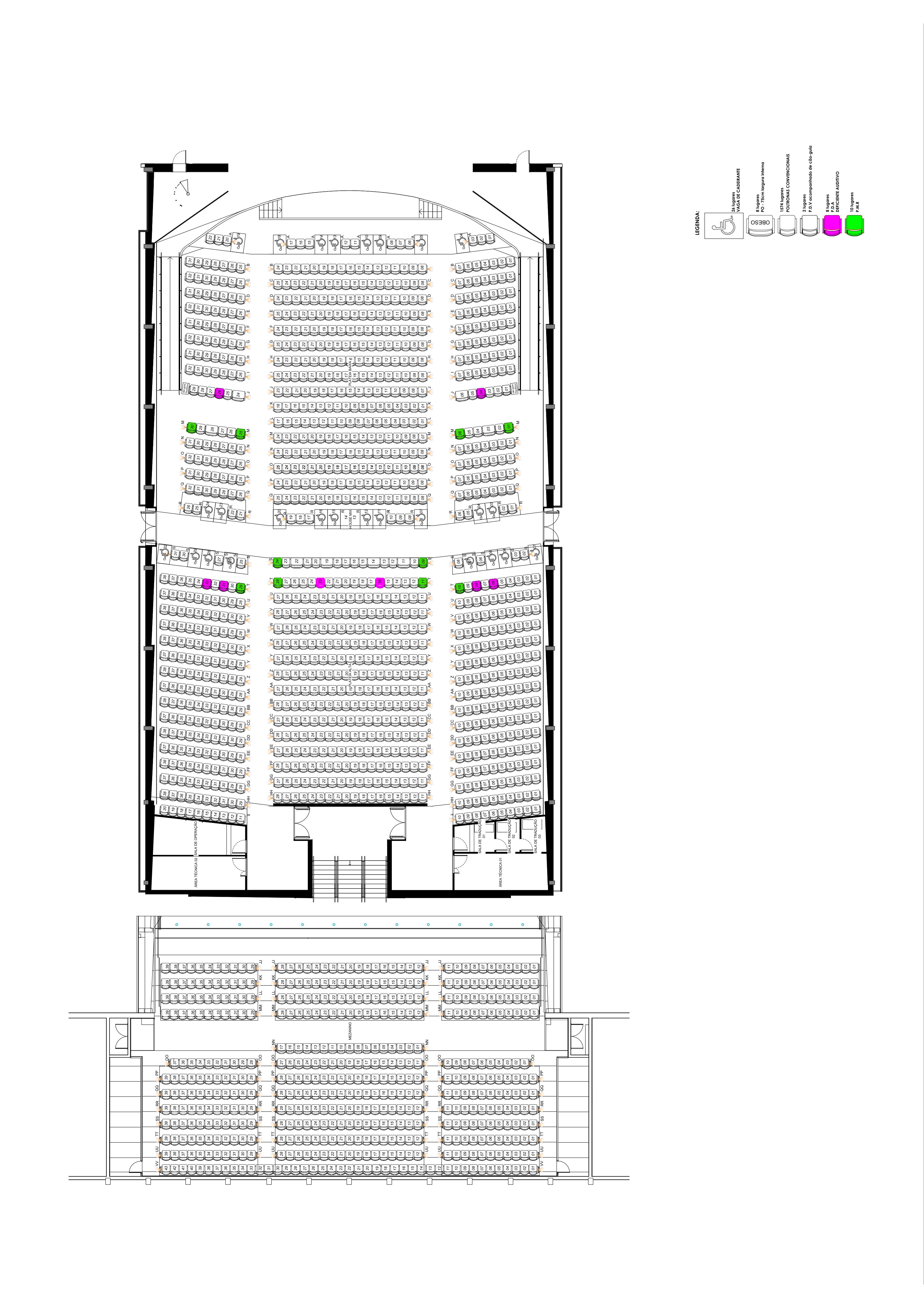 Planta vertical do Salão de Atos da PUCRS, com palco no topo